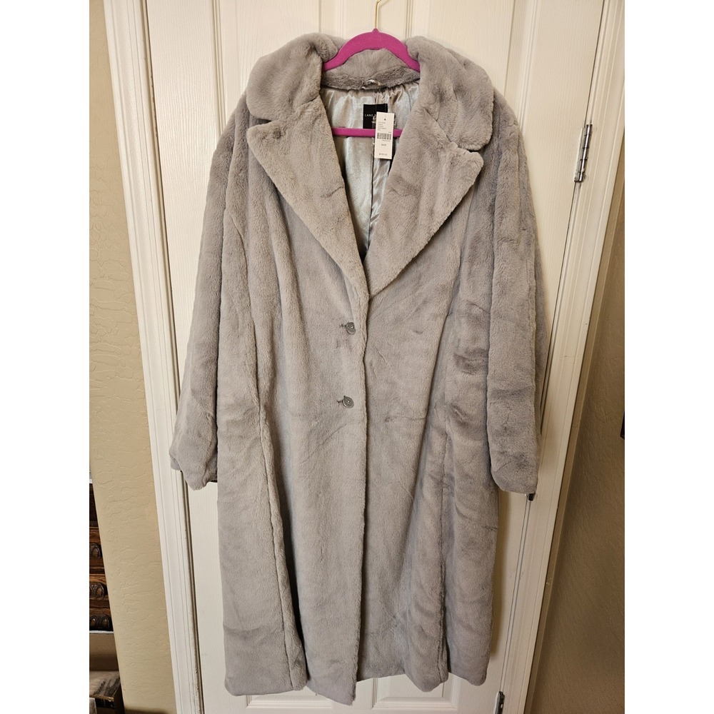 NWT Lane Bryant Lined Faux Fur Long Coat Gray Plush LS Pockets, Plus 2X